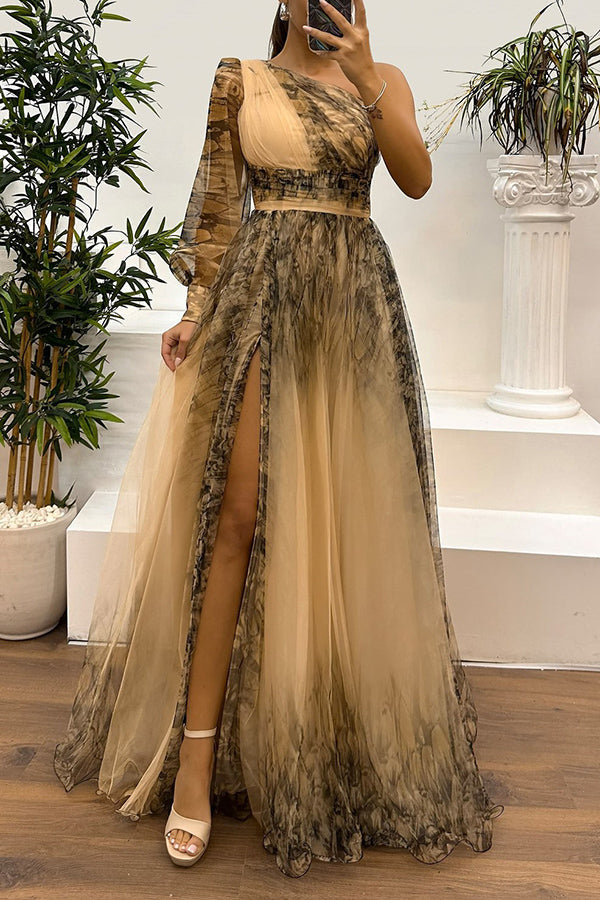 One Shoulder Floral Print Rosette Puff Sleeve Pleated Side Slit Maxi Dress