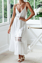 White Deep V Neck Crochet Lace Insert Button Front Ruffle Hem Midi Dress