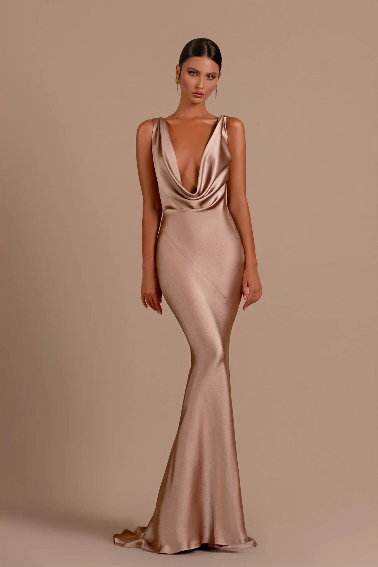 Satin Cowl Neck Sleeveless Mermaid Formal Gown