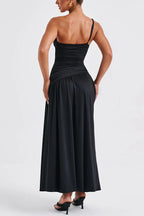 One Shoulder Spaghetti Strap Ruched High Split Bodycon Maxi Dress