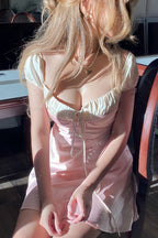 Sweetheart Tie Front Ruched Puff Sleeve Satin Mini Dress