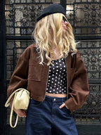 Brown Suede Cropped Zip-up Jacket With Pockets For Women 2026