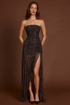 Strapless Snakeskin Print Ruched Side Slit Mesh Overlay Maxi Dress