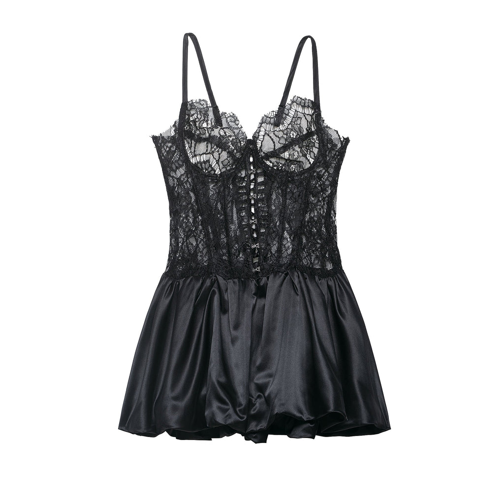 Lace Corset Bodice Hook and Eye Spaghetti Strap Satin Bubble Hem Romper
