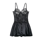 Lace Corset Bodice Hook and Eye Spaghetti Strap Satin Bubble Hem Romper