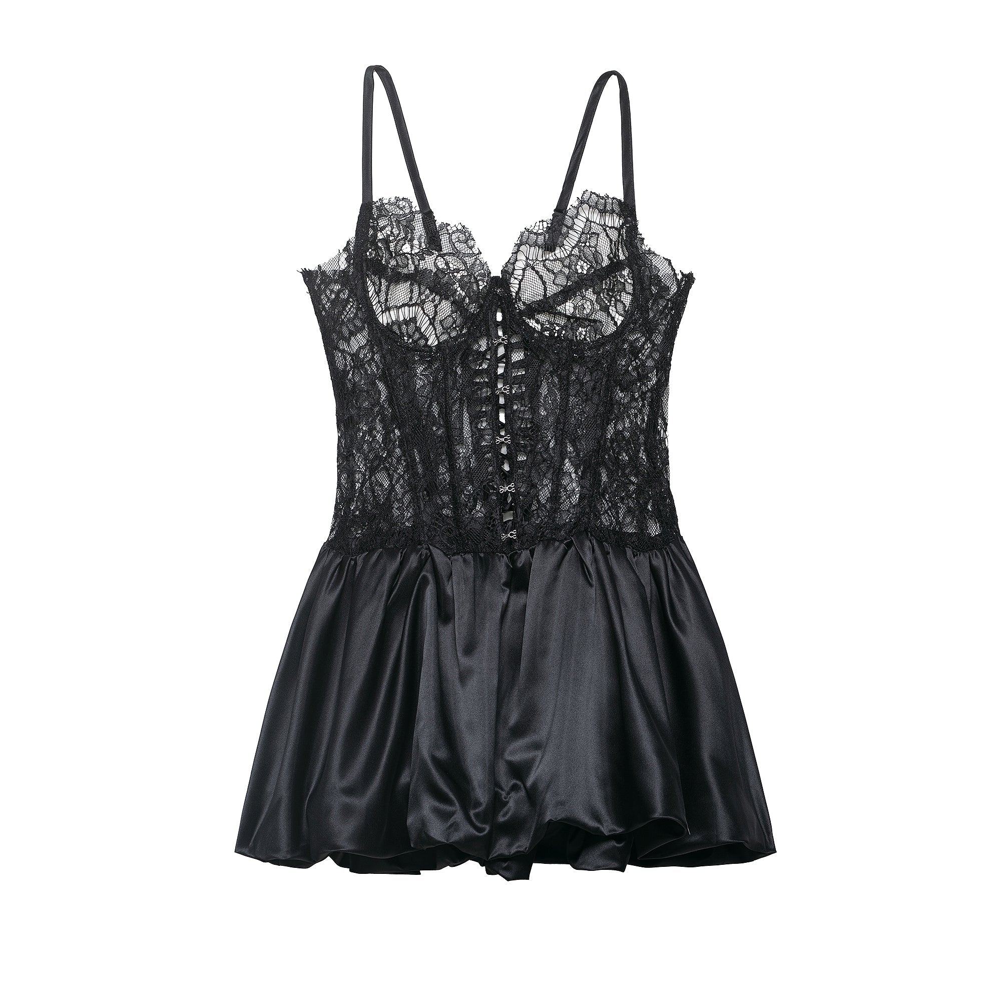 Lace Corset Bodice Hook and Eye Spaghetti Strap Satin Bubble Hem Romper