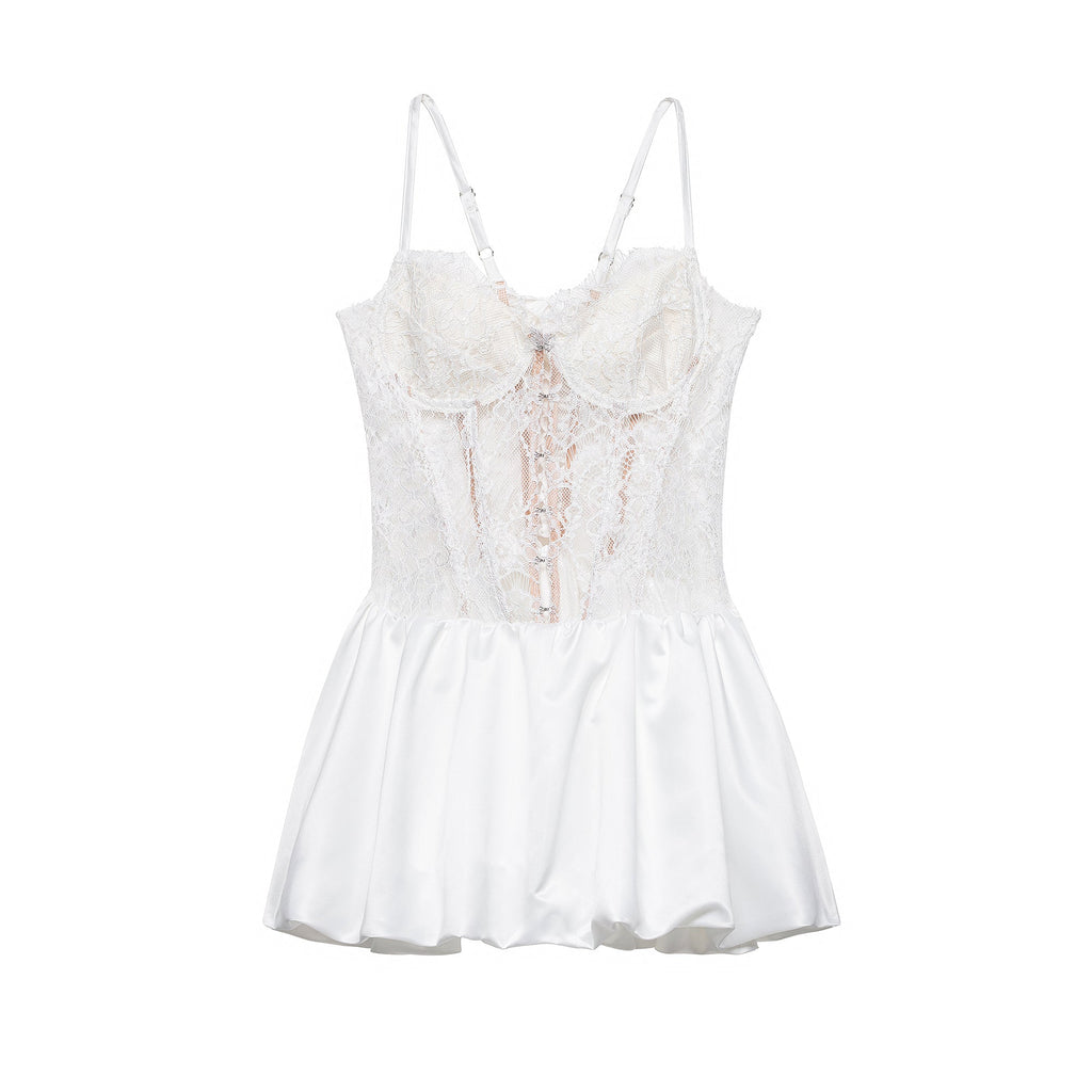 Lace Corset Bodice Hook and Eye Spaghetti Strap Satin Bubble Hem Romper