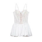 Lace Corset Bodice Hook and Eye Spaghetti Strap Satin Bubble Hem Romper