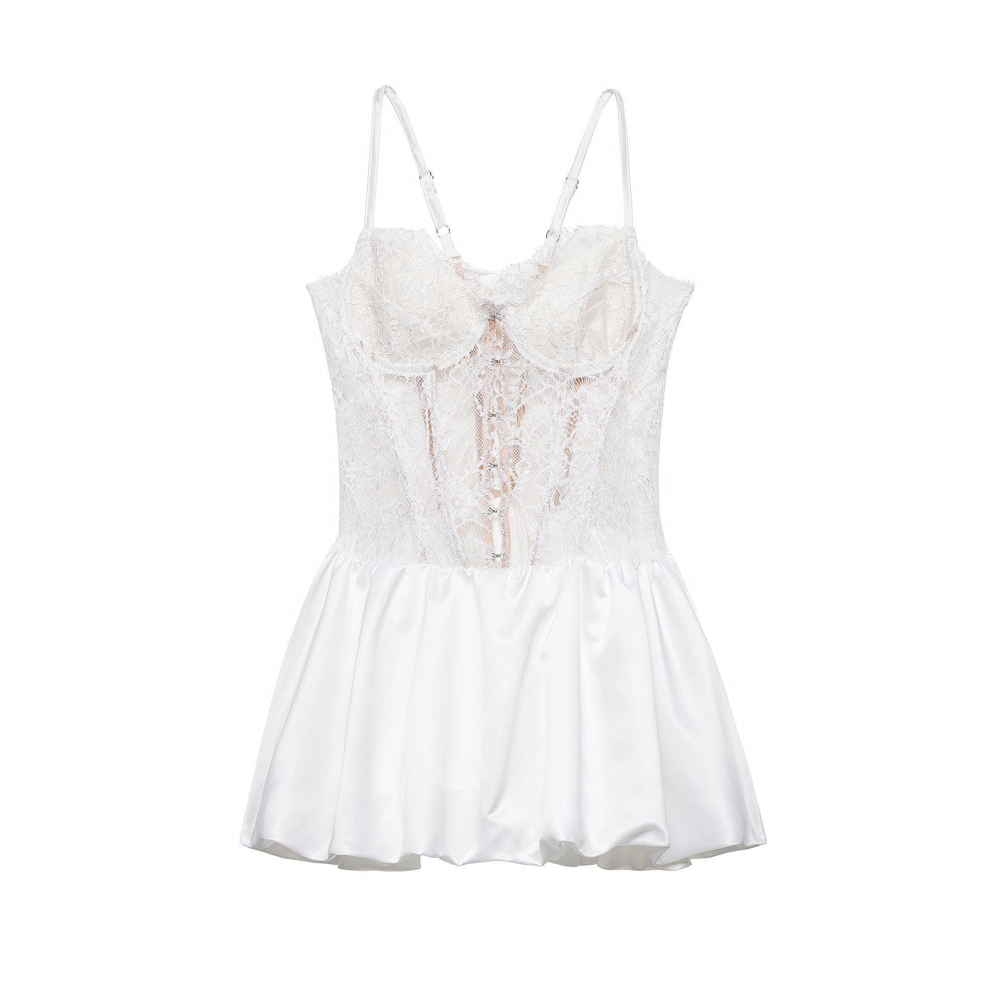 Lace Corset Bodice Hook and Eye Spaghetti Strap Satin Bubble Hem Romper