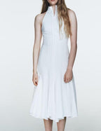 Halter Stand Collar Fit and Flare Panel Midi Dress