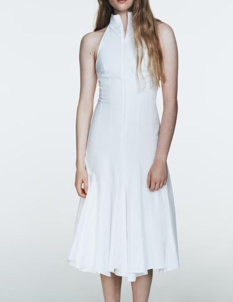 Halter Stand Collar Fit and Flare Panel Midi Dress
