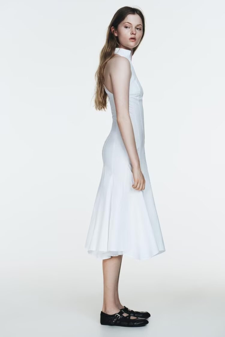 Halter Stand Collar Fit and Flare Panel Midi Dress