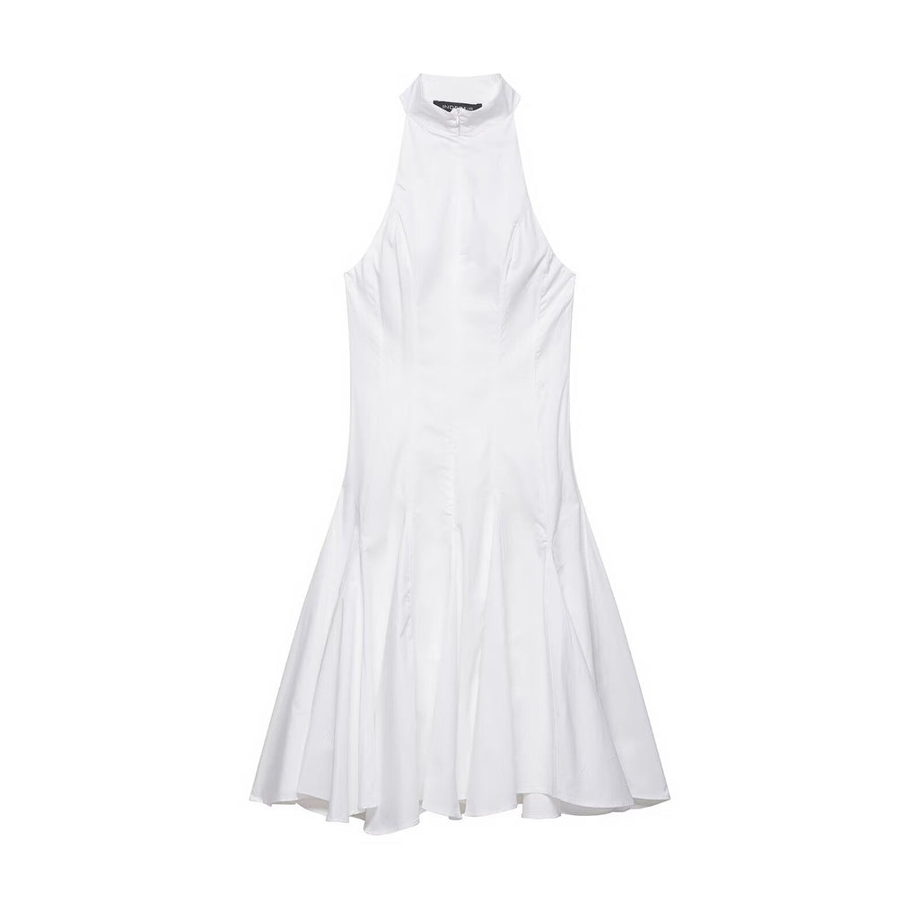 Halter Stand Collar Fit and Flare Panel Midi Dress