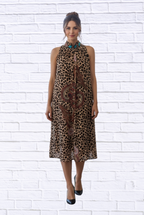 Animal and Paisley Print Sleeveless Maxi Dress _ High Neck Bow Detail Flowy Woven Dress
