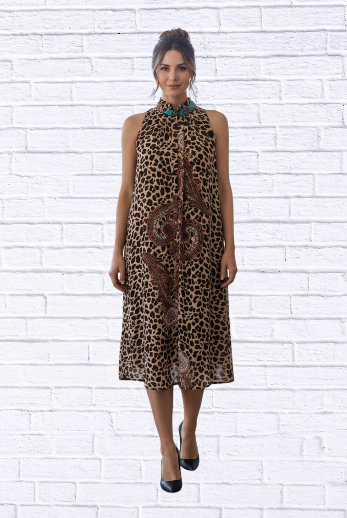 Animal and Paisley Print Sleeveless Maxi Dress _ High Neck Bow Detail Flowy Woven Dress