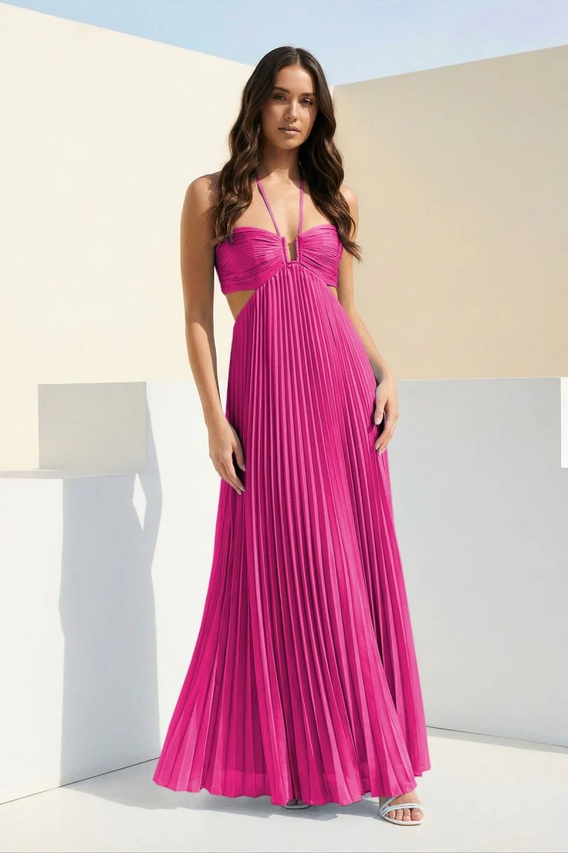Sky Blue Halter Pleated Satin A Line Prom Dresses With Cutout