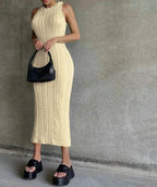 Sleeveless Round Neck Cable Knit Bodycon Midi Dress
