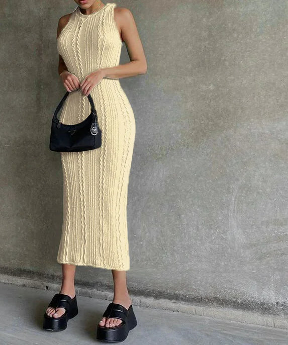 Sleeveless Round Neck Cable Knit Bodycon Midi Dress