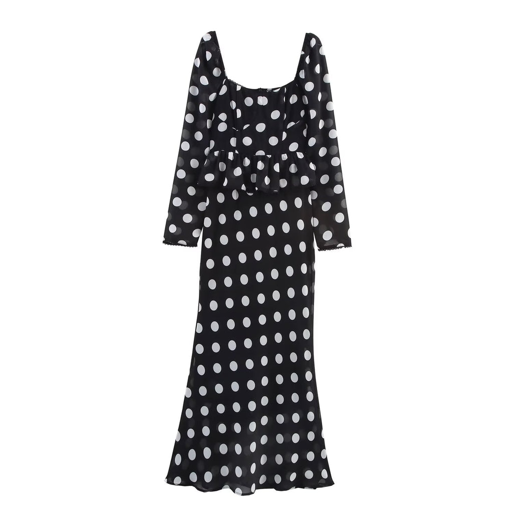 Polka Dot Square Neck Peplum Ruffle Long Sleeve Maxi Dress