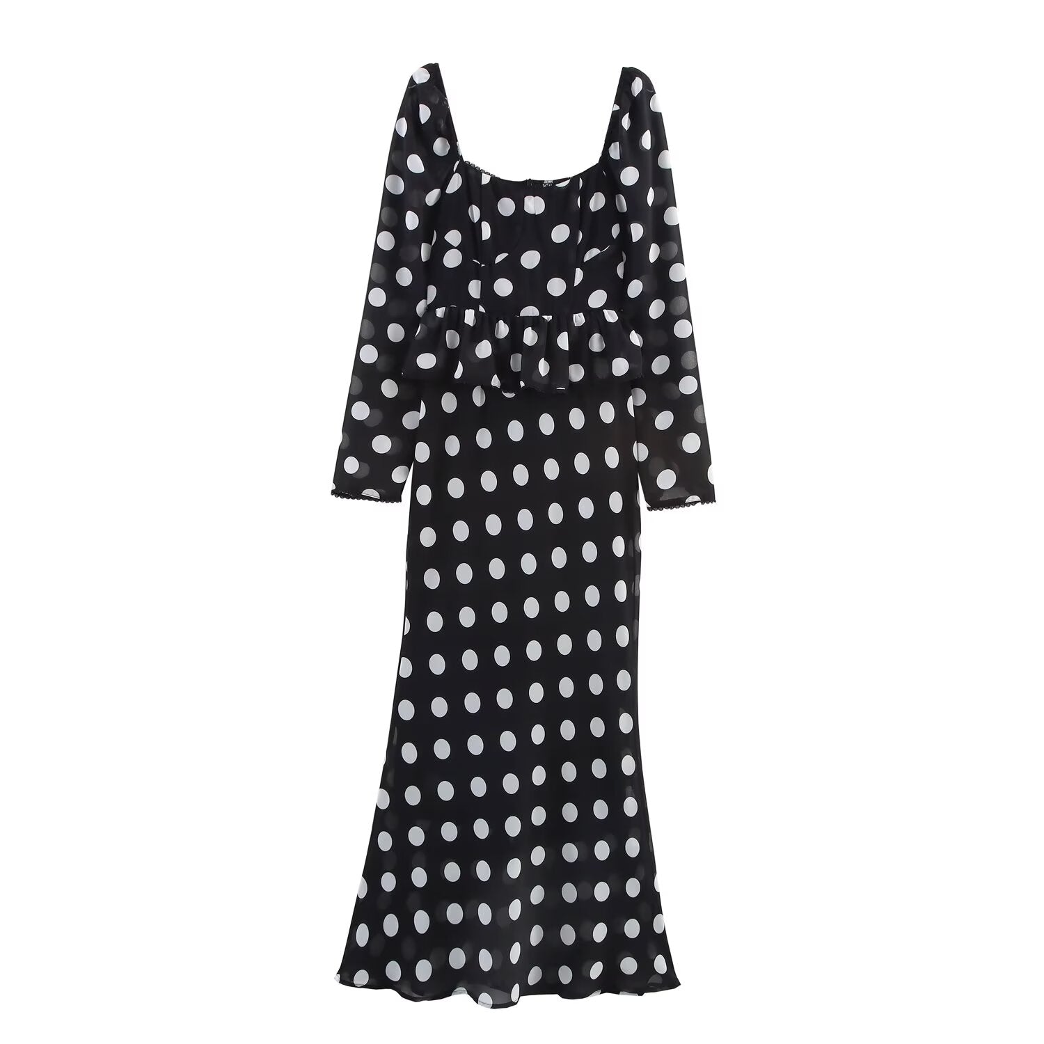 Polka Dot Square Neck Peplum Ruffle Long Sleeve Maxi Dress