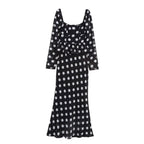 Polka Dot Square Neck Peplum Ruffle Long Sleeve Maxi Dress
