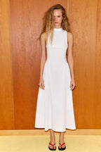 Halter Neck Bow Tie Open Back Paneled Fit And Flare Midi Dress