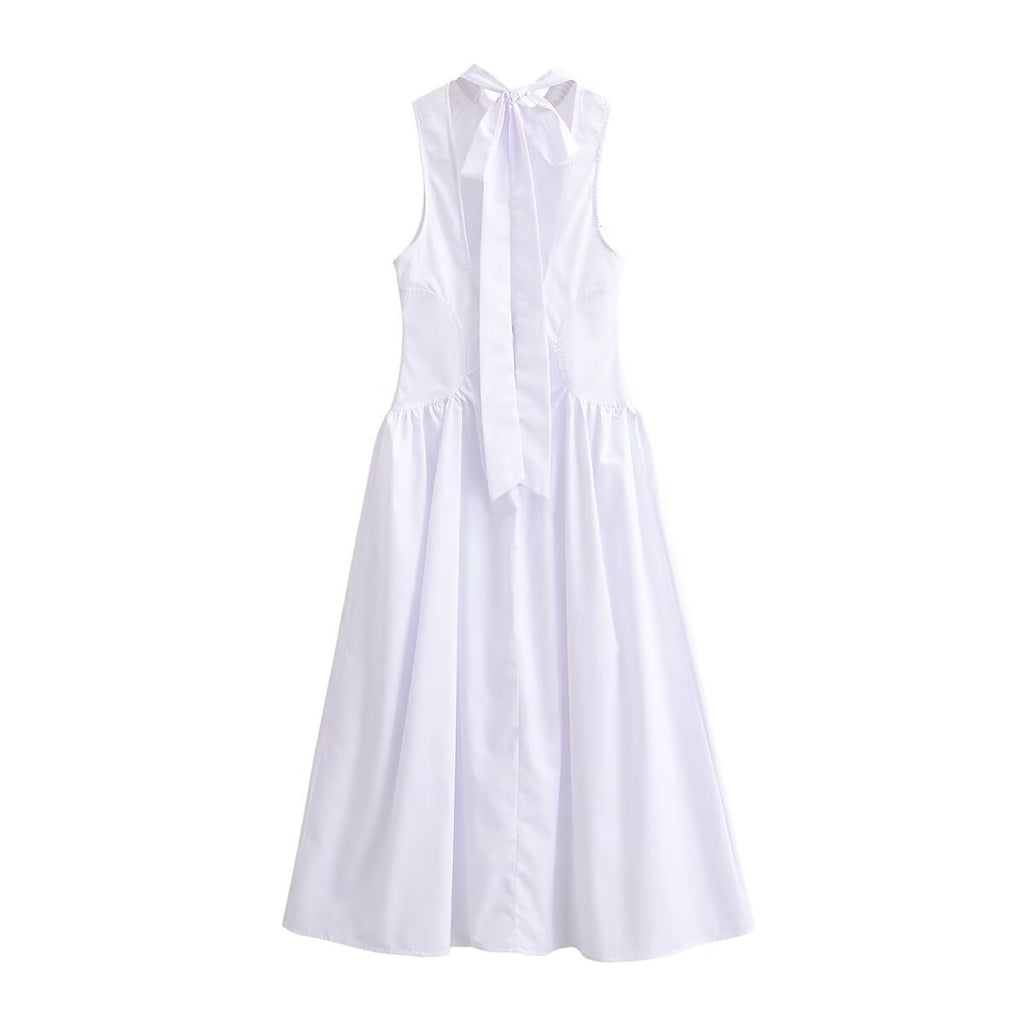 Halter Neck Bow Tie Open Back Paneled Fit And Flare Midi Dress