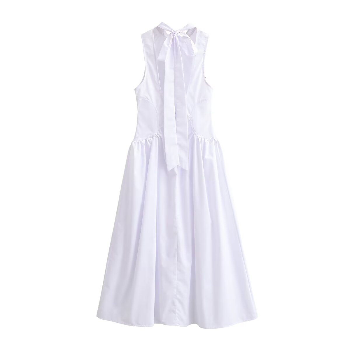 Halter Neck Bow Tie Open Back Paneled Fit And Flare Midi Dress