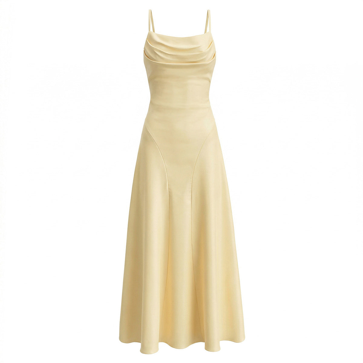 Satin Cowl Neck Spaghetti Strap Ruched Bodice Paneled Maxi Gown