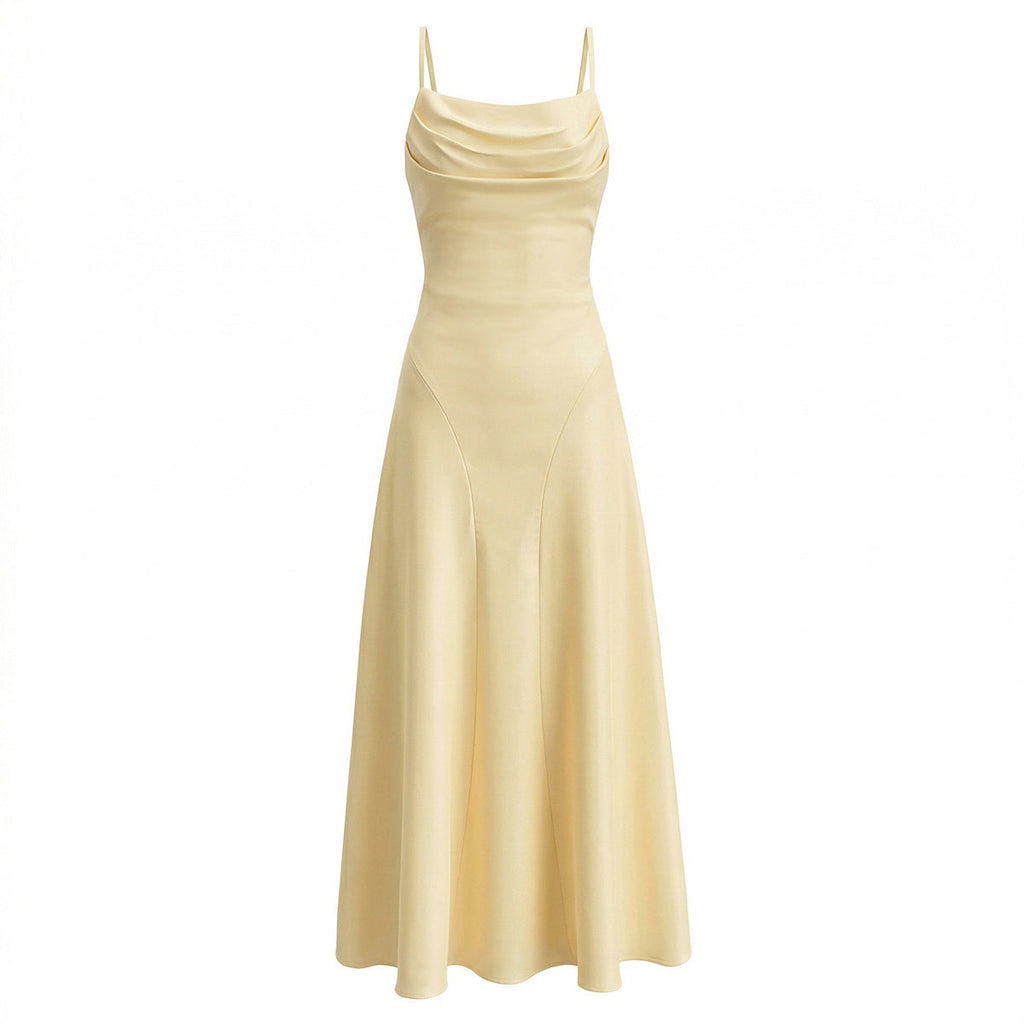 Satin Cowl Neck Spaghetti Strap Ruched Bodice Paneled Maxi Gown