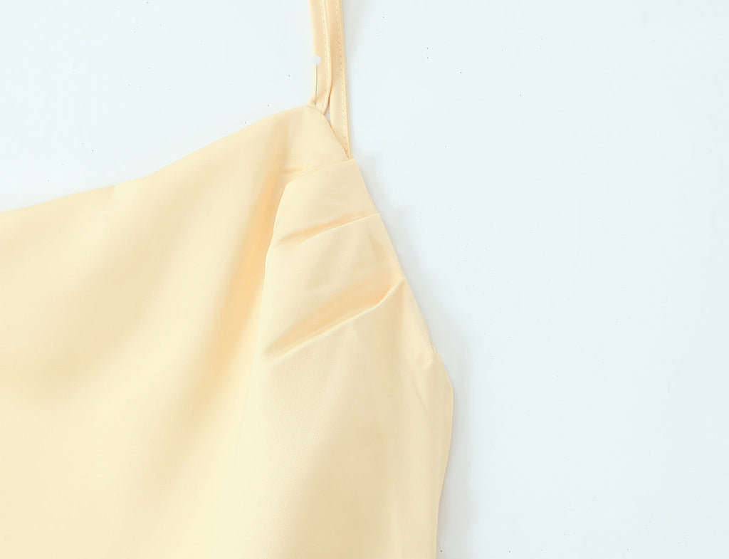 Satin Cowl Neck Spaghetti Strap Ruched Bodice Paneled Maxi Gown