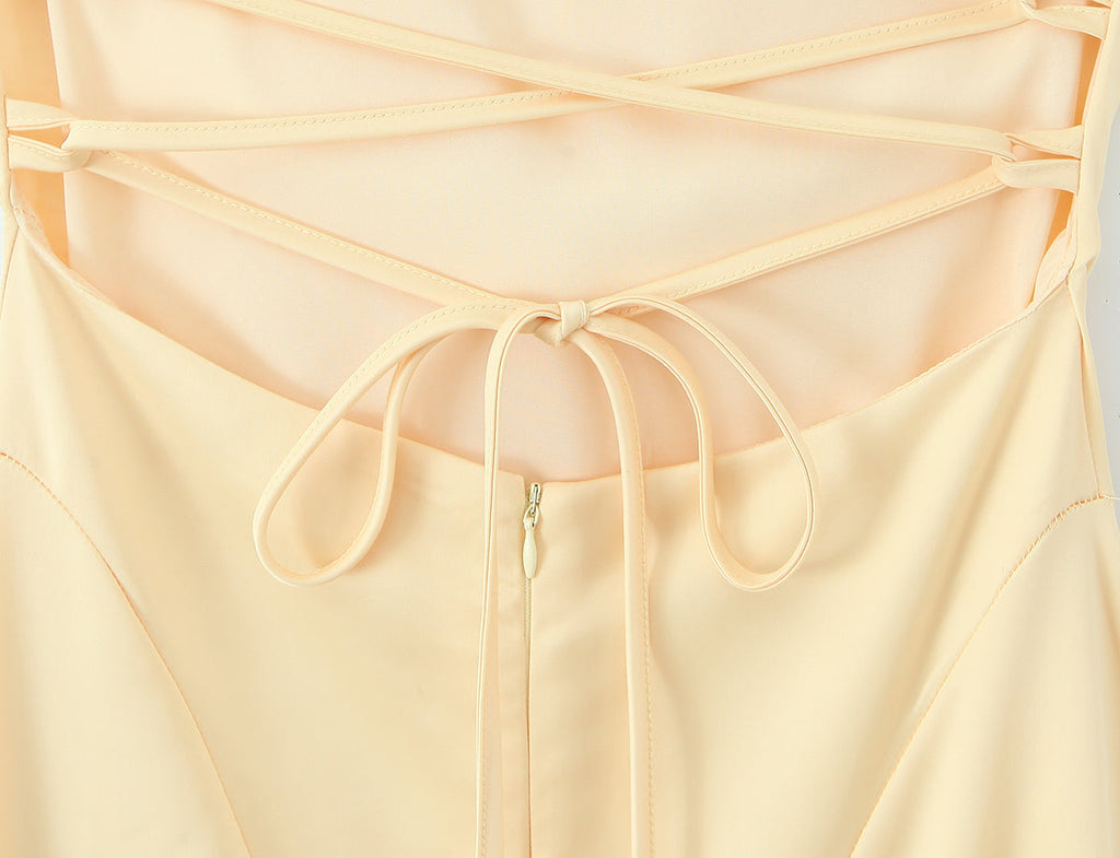 Satin Cowl Neck Spaghetti Strap Ruched Bodice Paneled Maxi Gown