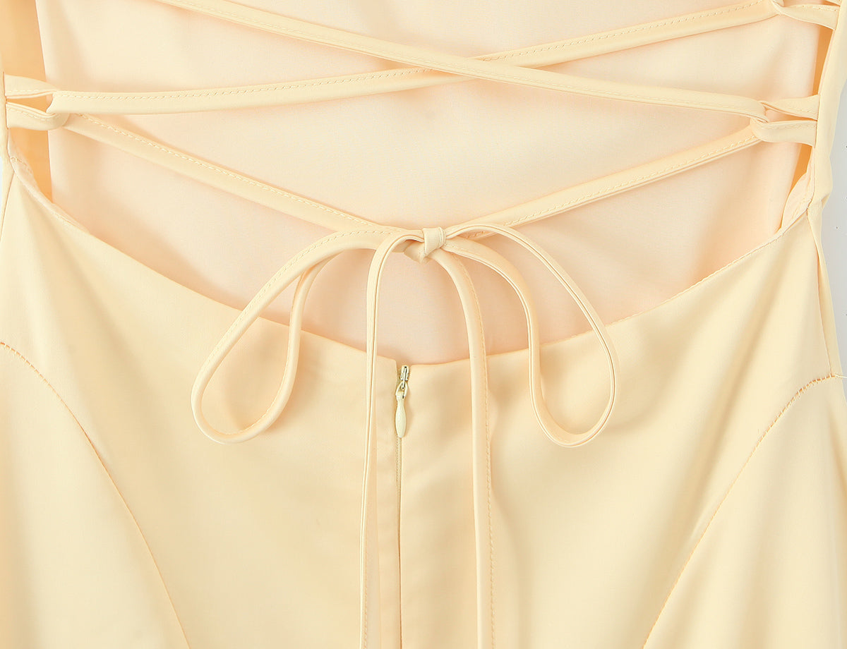 Satin Cowl Neck Spaghetti Strap Ruched Bodice Paneled Maxi Gown