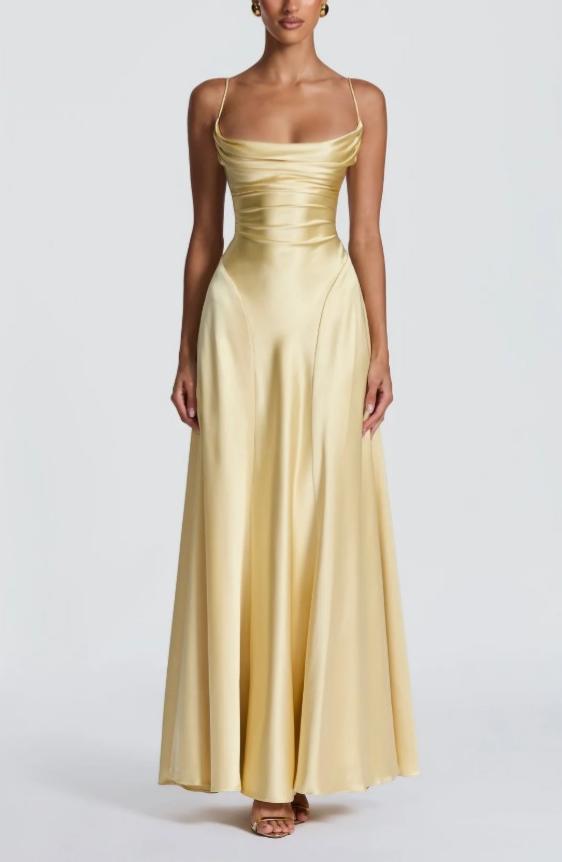 Satin Cowl Neck Spaghetti Strap Ruched Bodice Paneled Maxi Gown