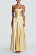 Satin Cowl Neck Spaghetti Strap Ruched Bodice Paneled Maxi Gown