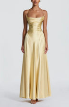 Satin Cowl Neck Spaghetti Strap Ruched Bodice Paneled Maxi Gown