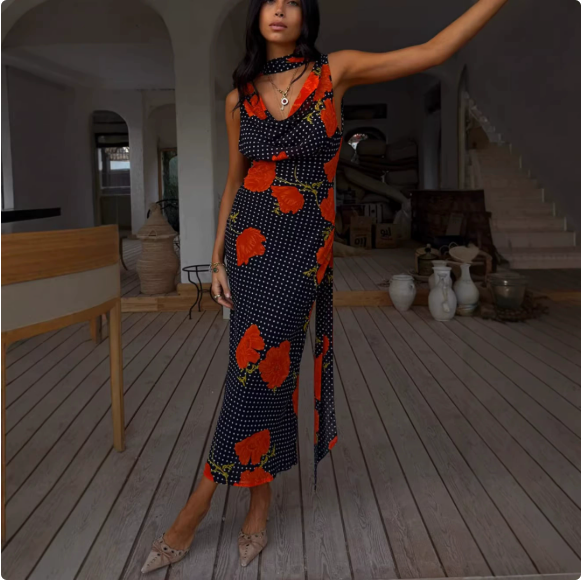 Polka Dot Floral Print Cowl Neck Draped Side Panel Maxi Dress