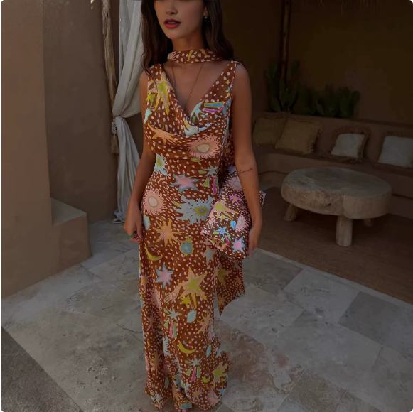 Polka Dot Floral Print Cowl Neck Draped Side Panel Maxi Dress