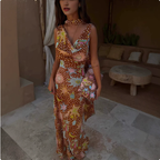 Polka Dot Floral Print Cowl Neck Draped Side Panel Maxi Dress