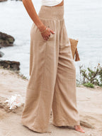 Khaki Linen Pants Wide Leg Elastic Waist Summer Trousers
