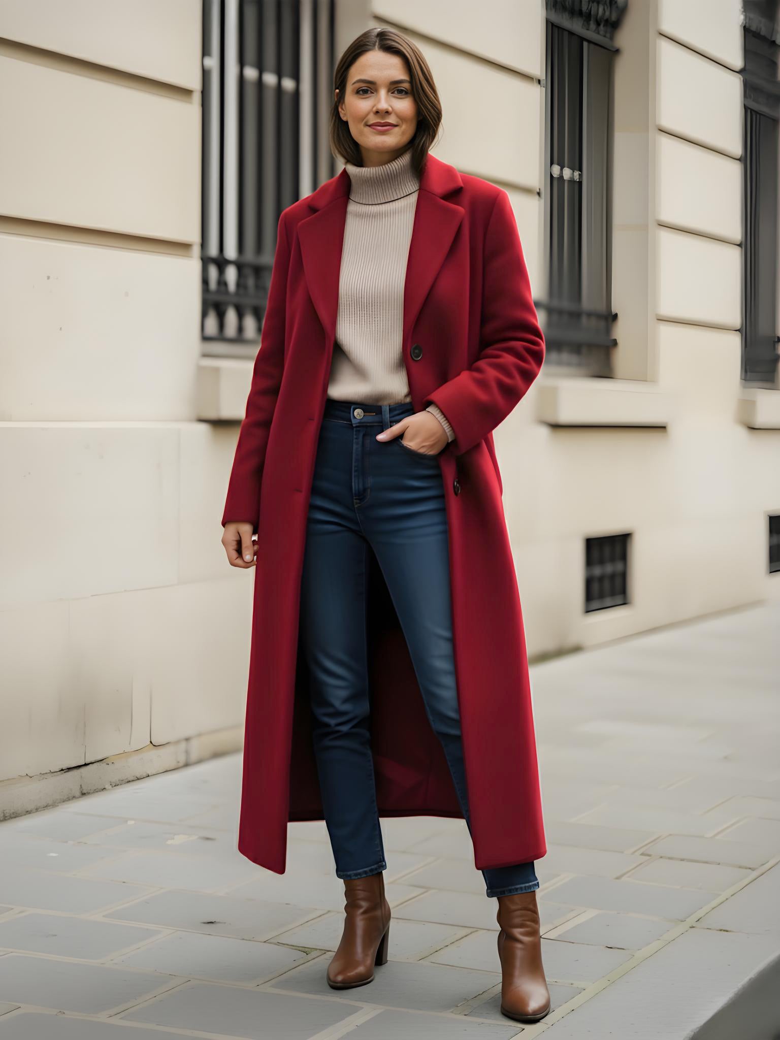 Woolen Long Straight Coat With Single-Breasted And Classic Notch Lapel For Women 2026
