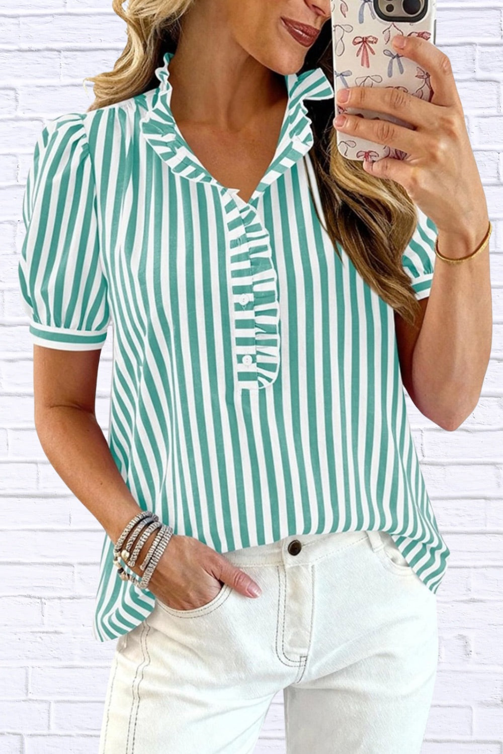 Frill Striped Puff Sleeve Blouse | Chic Women__ Top