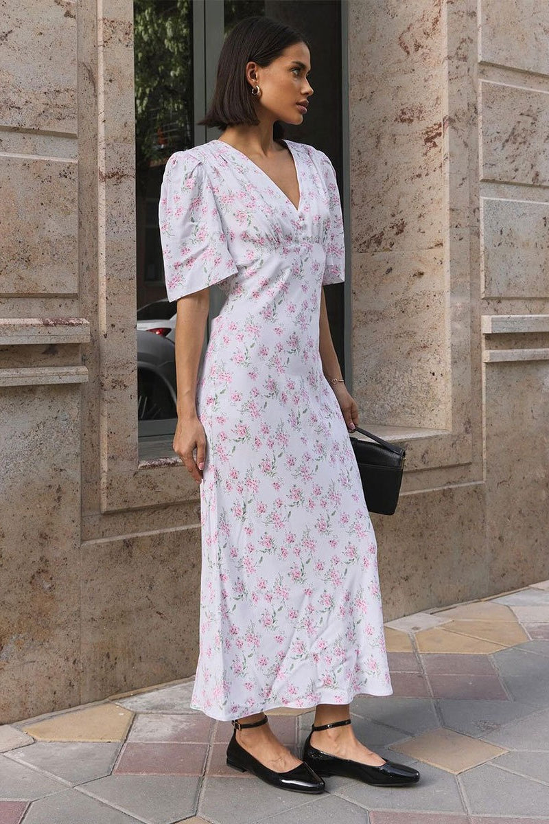 White Deep V Neck Puff Sleeve Empire Waist Button Detail Ditsy Floral Midi Dress