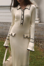 Ribbed Knit Polo Collar Bell Cuff Contrast Trim Midi Sweater Dress
