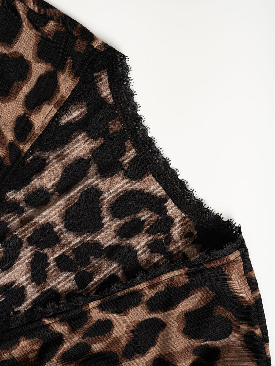 Leopard Print V-Neck Long Sleeve Slim Fit Knit T-Shirt