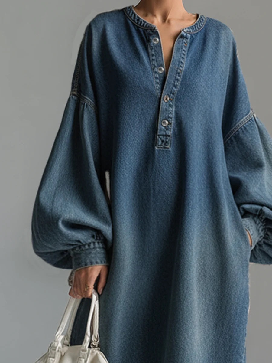 Lantern Sleeve Midi Denim Skirt