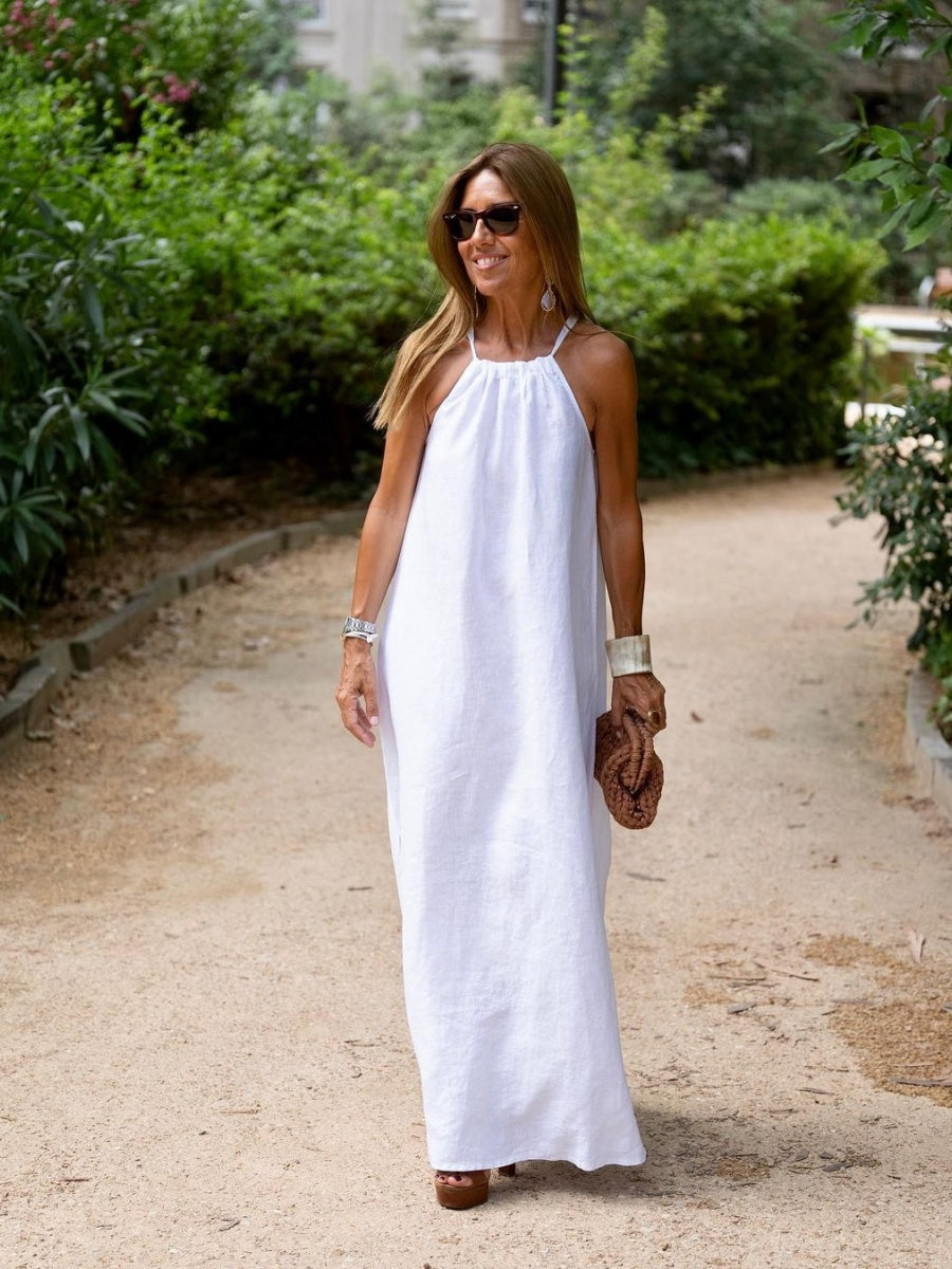 Halter Neck Slit Cotton And Linen Long Dress For Casual Vacations