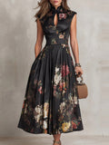 Chinese Collar Chinese Knot Hollow Sleeveless Black Midi Dresses