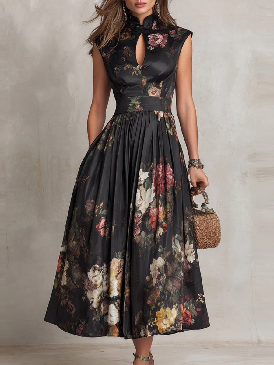 Chinese Collar Chinese Knot Hollow Sleeveless Black Midi Dresses
