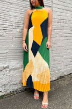 Halter Backless Color Block Printed Maxi Pleated Dress